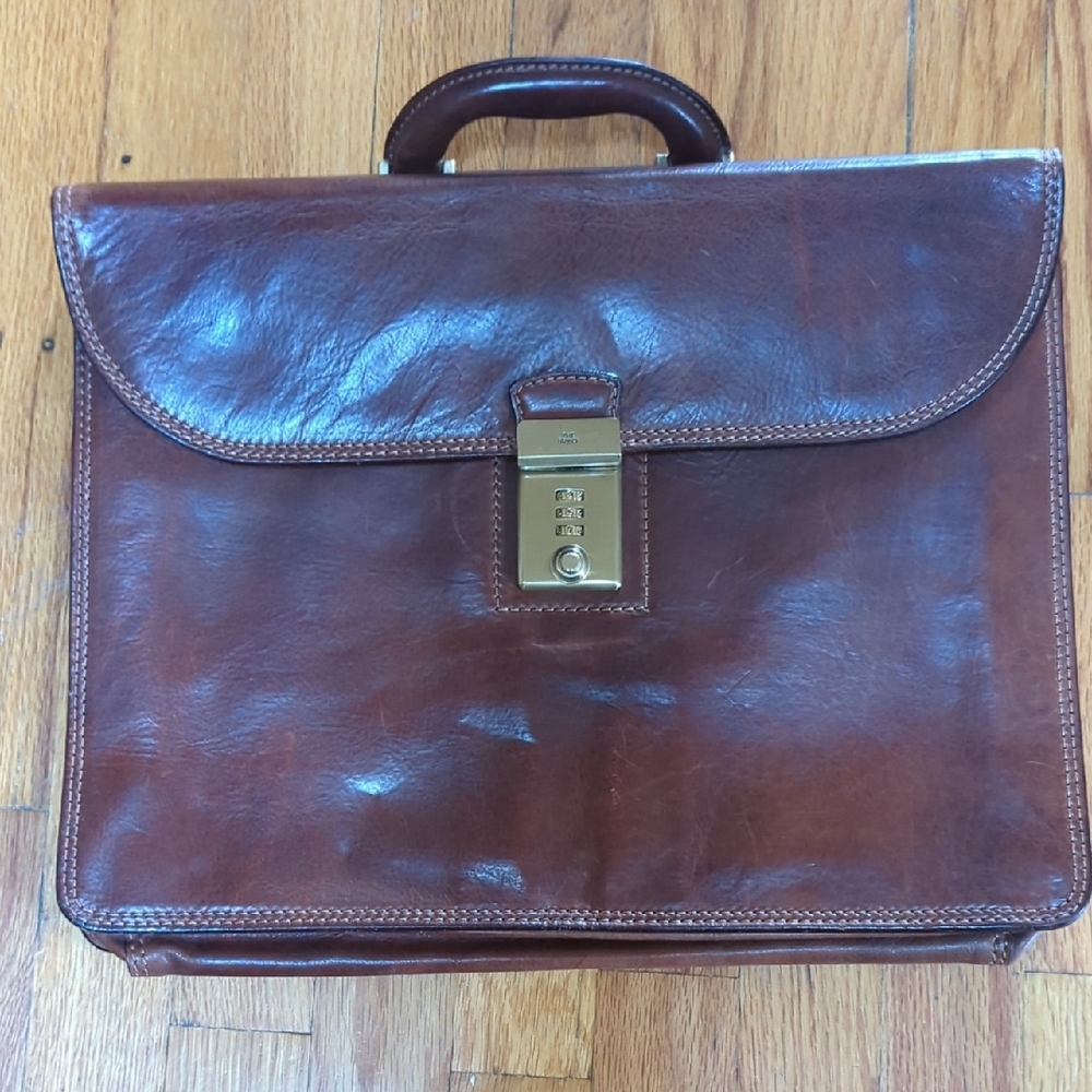 NWOT Authenic The Bridge Brown Leather Briefcase w/ Polished Finish From Italy